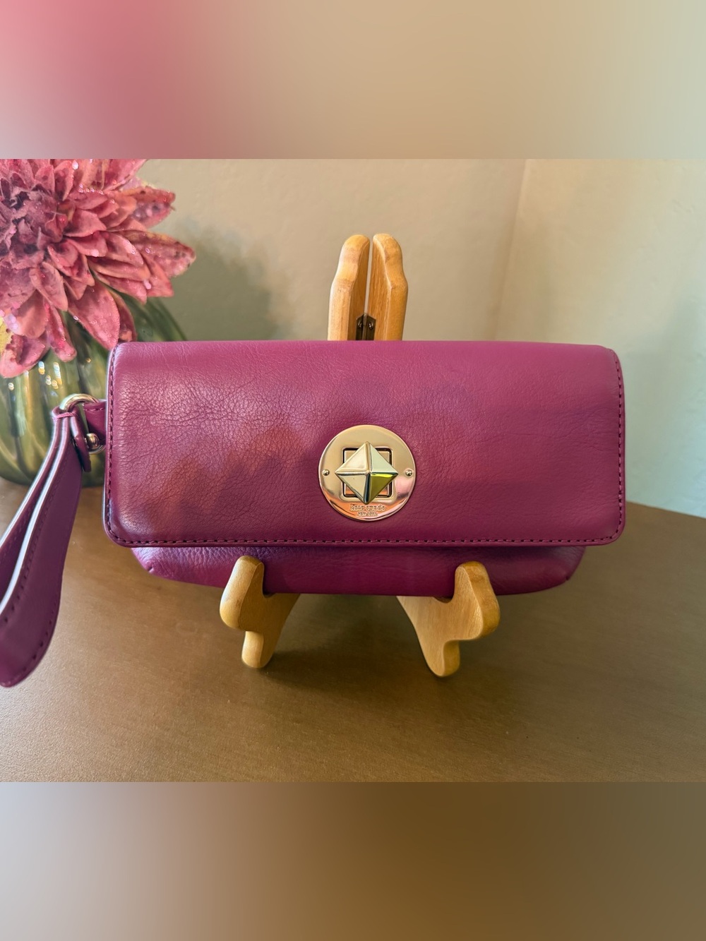 Kate Spade Leather Wristlet Clutch in Plum with Gold-Tone Accent